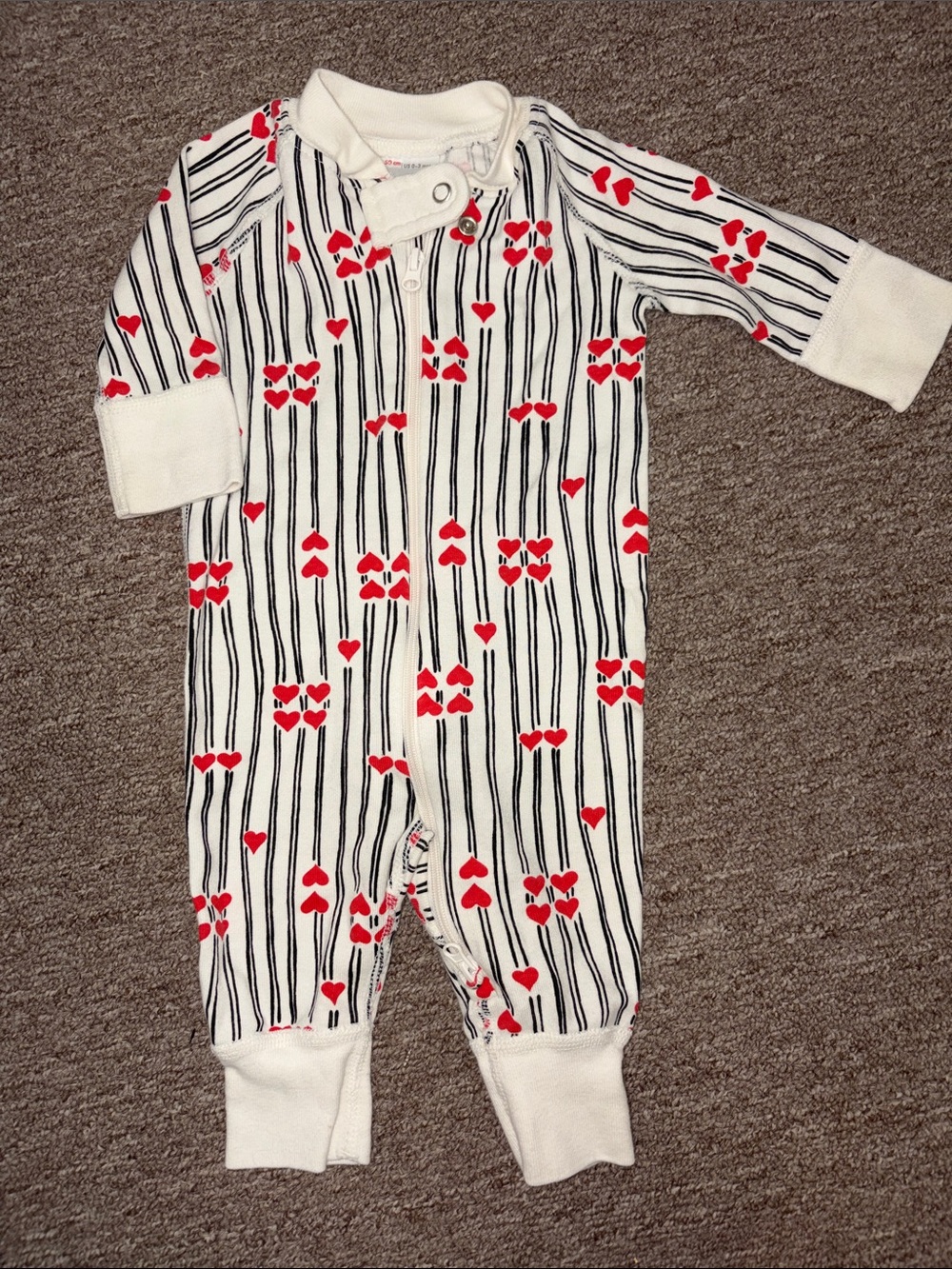Hannah Anderson Baby One-Piece Romper in White with Black Stripes and Red Hearts